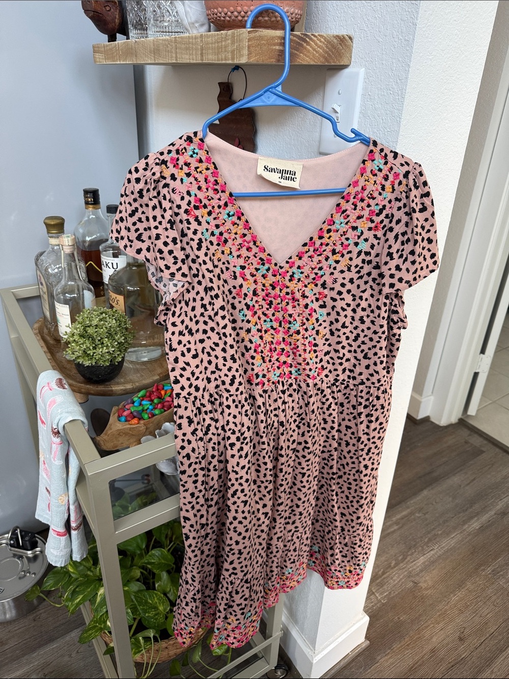 Savanna Jane Pink Leopard Print Dress with Colorful Embroidery
